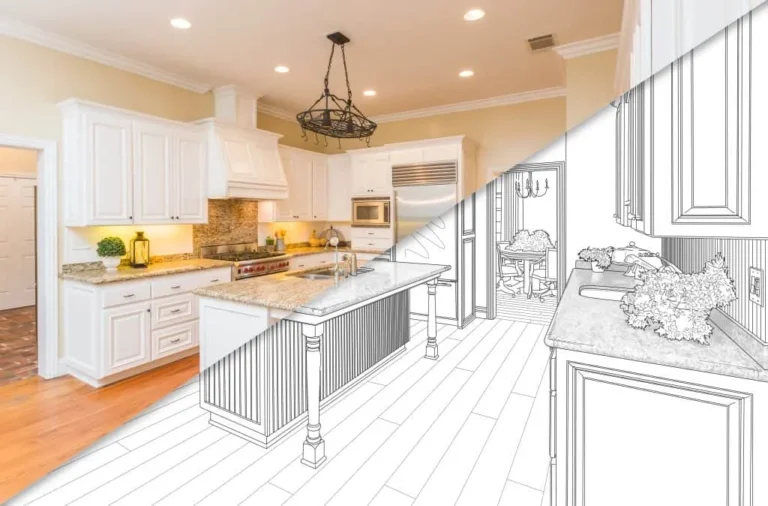 An image of a kitchen bisected diagonally and overlaid with a black and white rendering of design plans