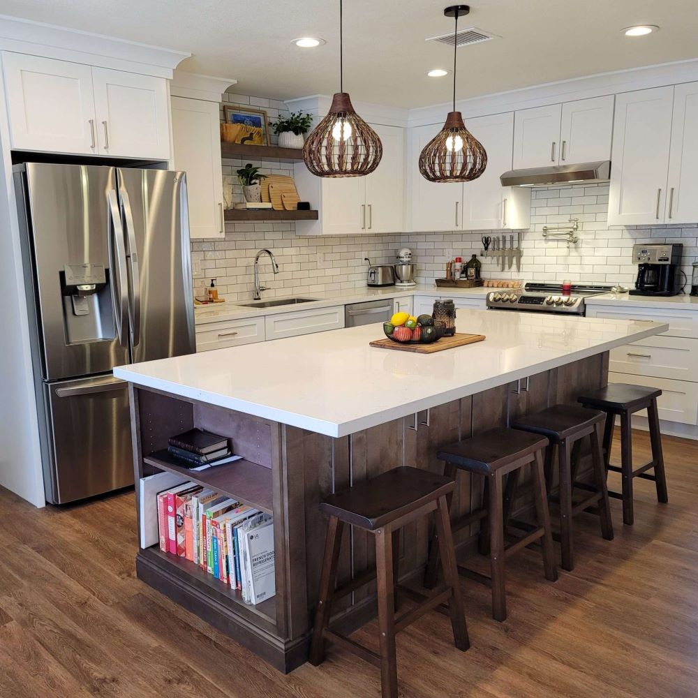 A remodeled kitchen with a central island