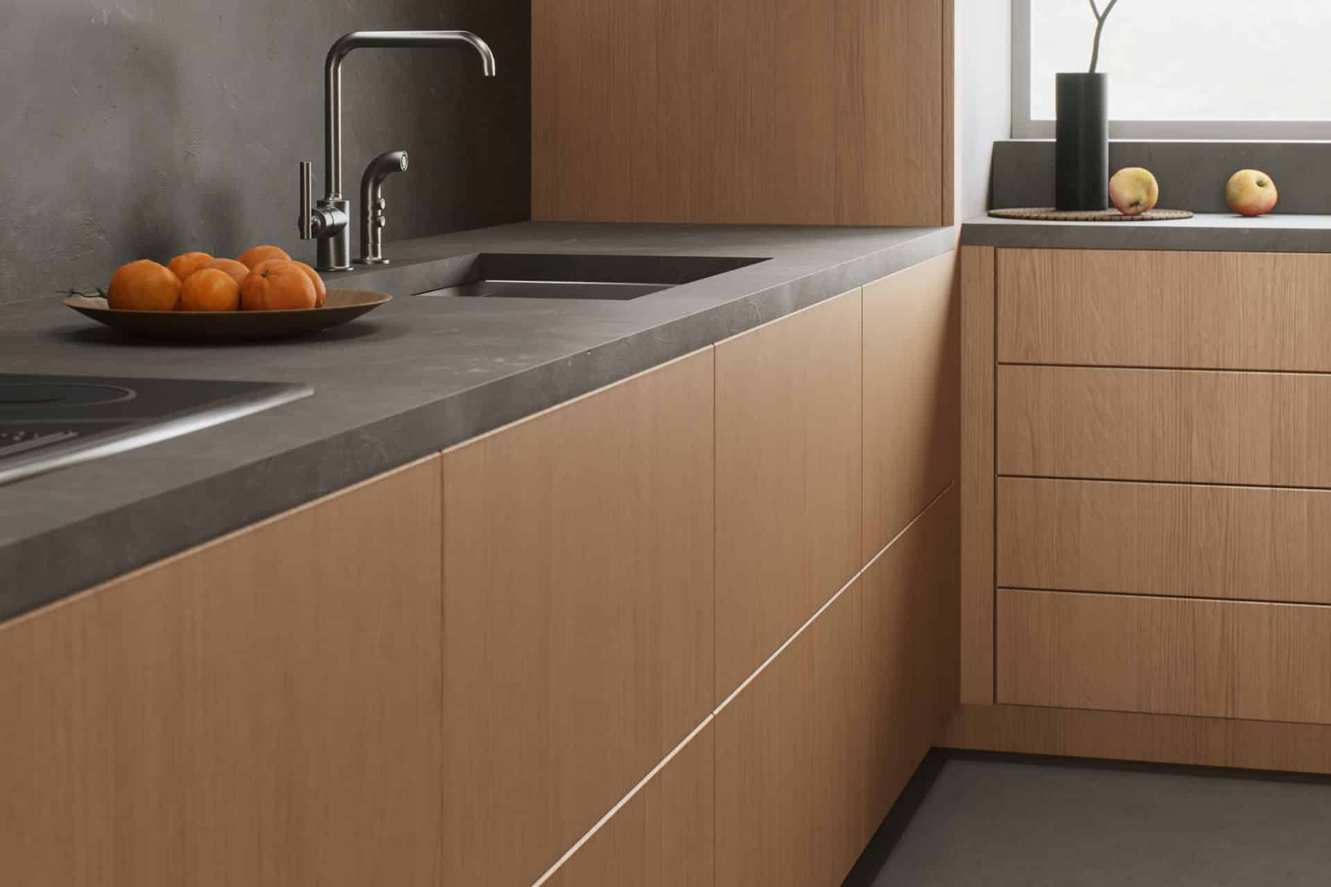 Wood kitchen counters in a modern kitchen.