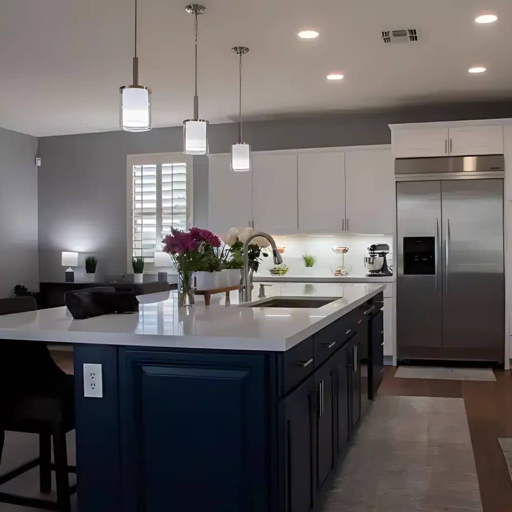 kitchen with veined white kitchen countertops